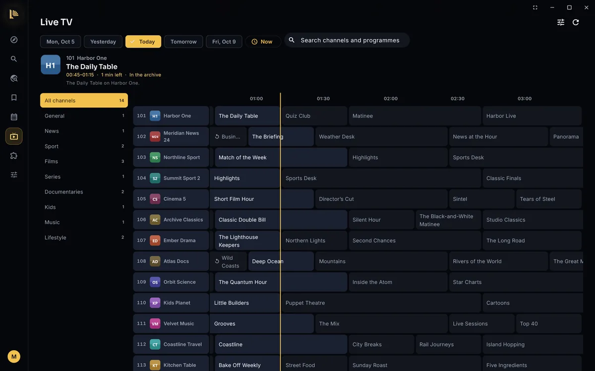 The Live TV guide in Lumen